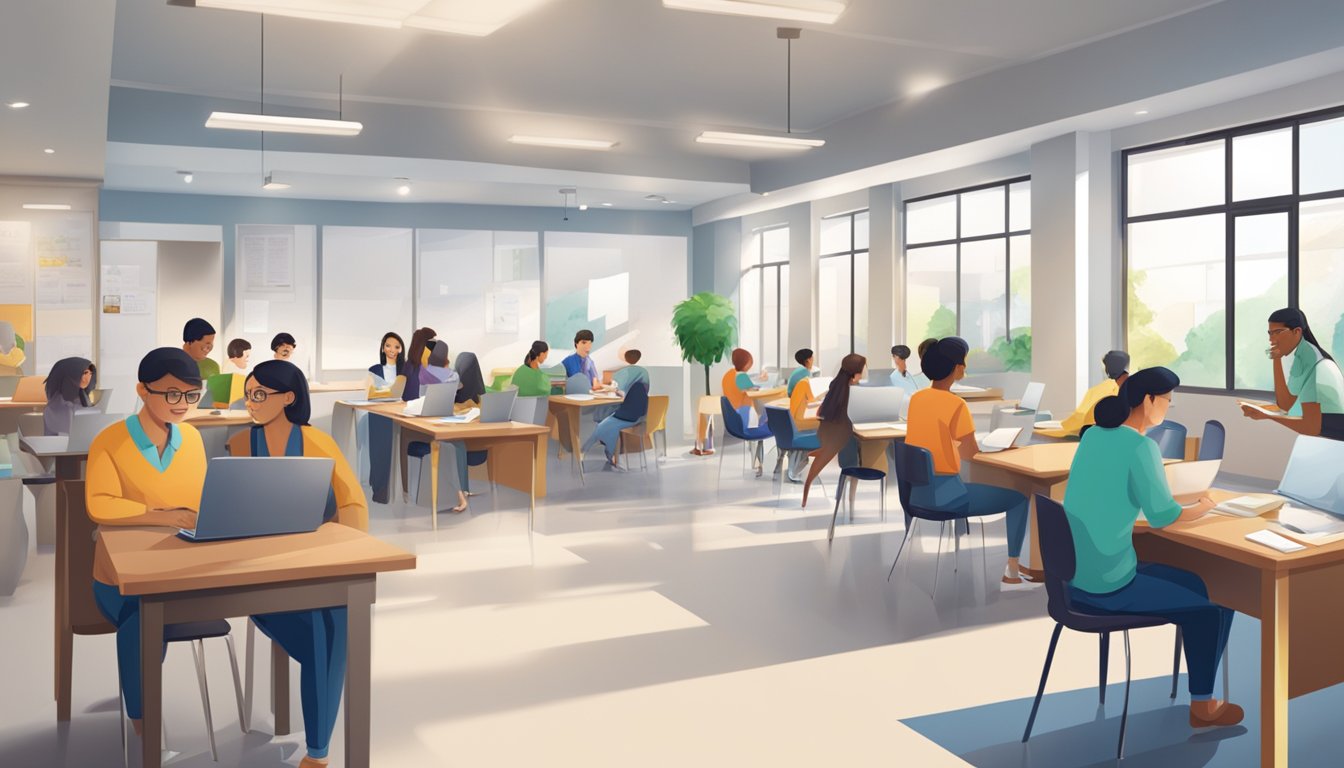 A bustling tuition centre with students engaged in learning, tutors assisting, and a welcoming reception area