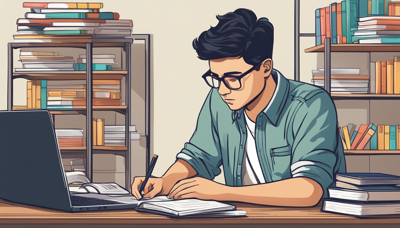 A student sitting at a desk, surrounded by books and a laptop, with a thoughtful expression while calculating tuition costs