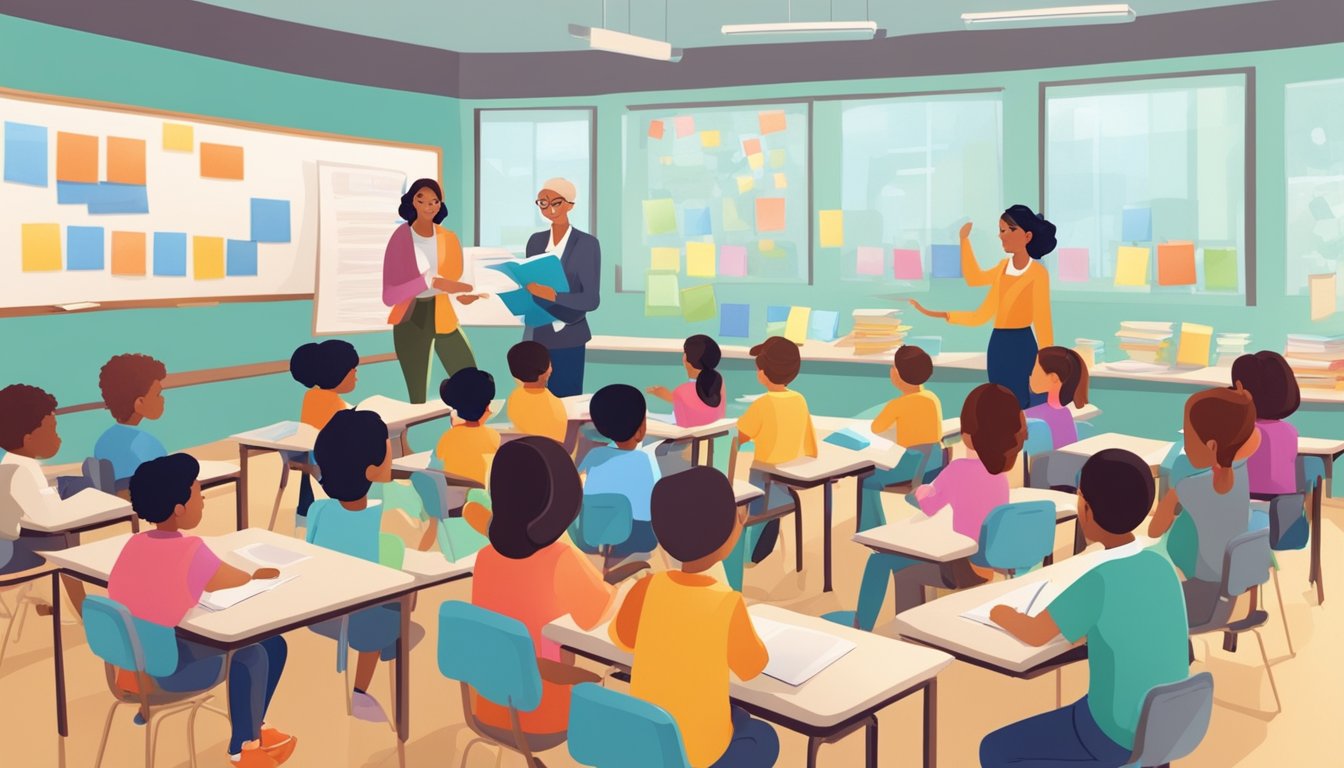 A classroom filled with eager students, surrounded by colorful educational materials, with a teacher passionately sharing knowledge