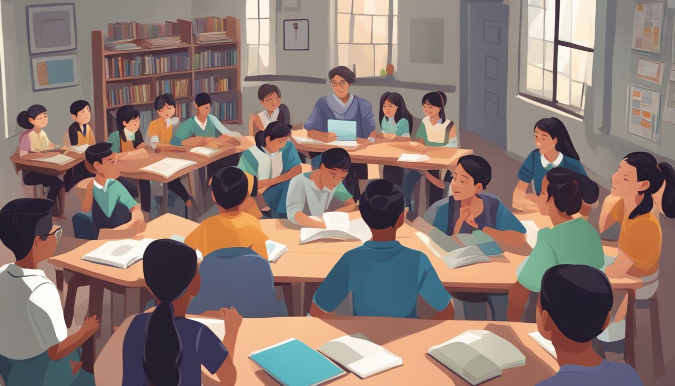 Students gather around a teacher at the Protor Tuition Centre, asking questions. Books and learning materials are scattered on tables