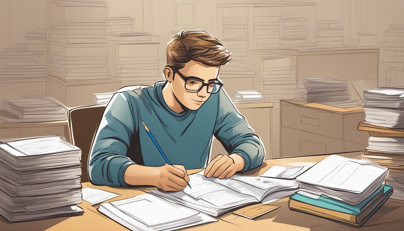 A student sits at a desk, surrounded by textbooks and notes. A pencil hovers over a blank piece of paper, ready to start solving equations