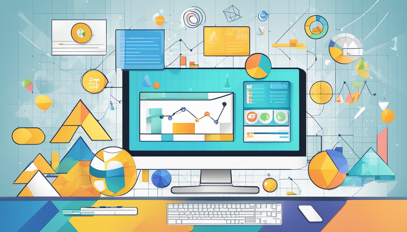 A computer screen displays a graph with educational icons and text, surrounded by mathematical equations and geometric shapes
