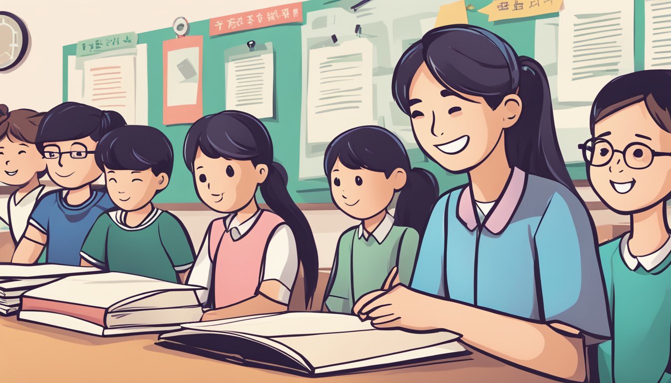 A stack of FAQ papers with "Tian Xia Chinese Tuition Review" printed on top, surrounded by curious students and a teacher