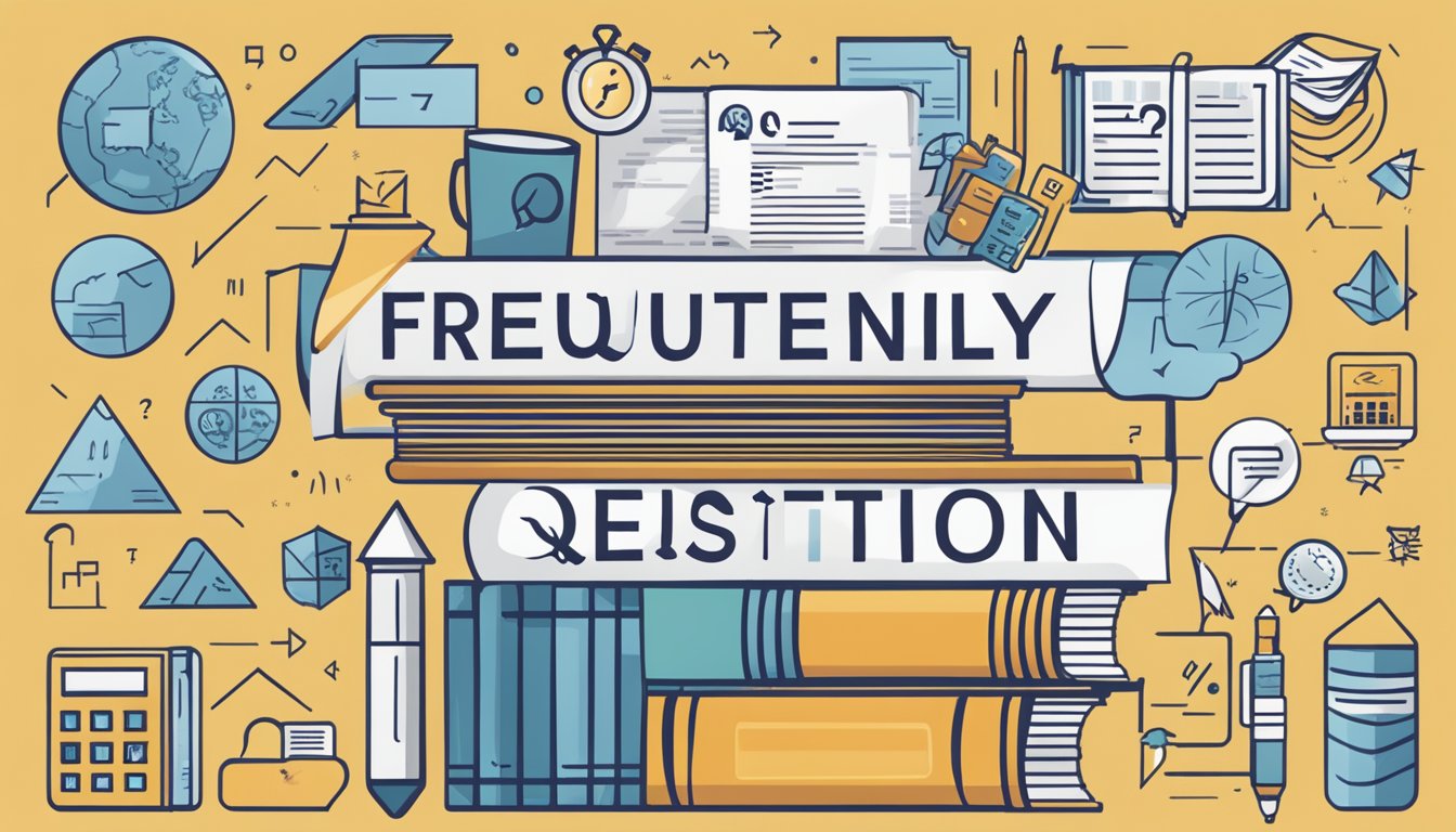 A stack of papers with "Frequently Asked Questions" printed on top, surrounded by a variety of educational symbols and icons, with the word "tuition" written in bold letters