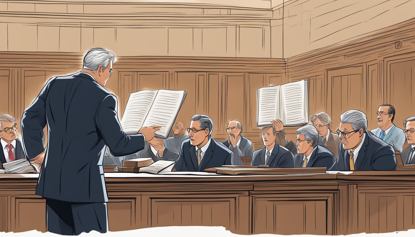 A tense courtroom scene with lawyers arguing passionately, a judge presiding over the legal tussle, and a backdrop of business ethics books