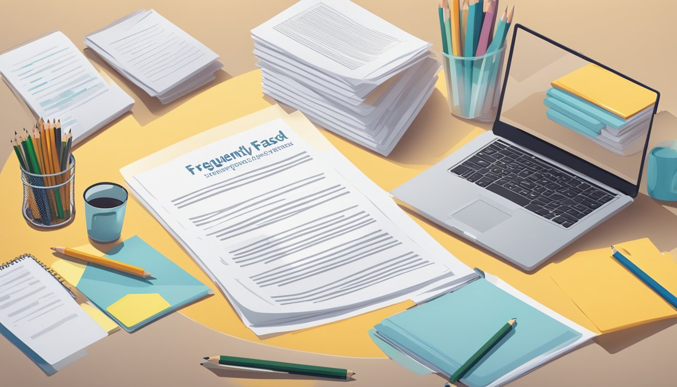 A stack of papers with "Frequently Asked Questions" printed on top, surrounded by pencils and a laptop