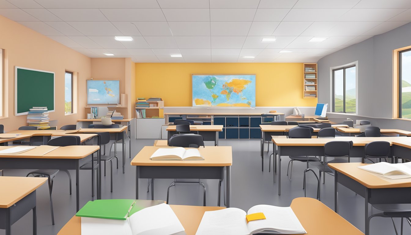 Various academic programmes offered at Axcell Tuition Centre Queenstown. Books, desks, and educational materials fill the bright, spacious classroom