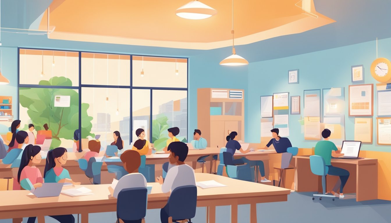 A busy tuition center with students and parents asking questions at the front desk. Posters and flyers on the walls. Bright lighting and a welcoming atmosphere