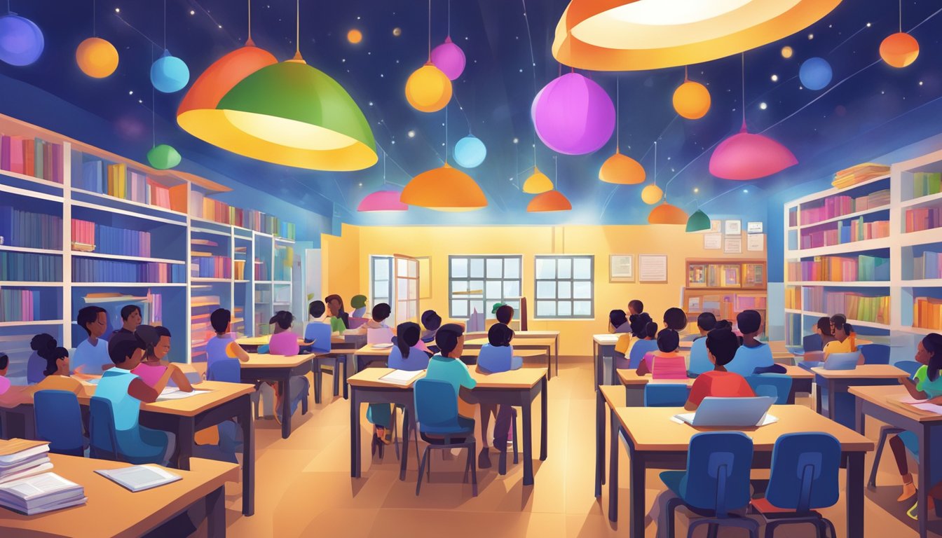 A vibrant indigo tuition centre with bright lights, colorful study materials, and eager students engaged in learning