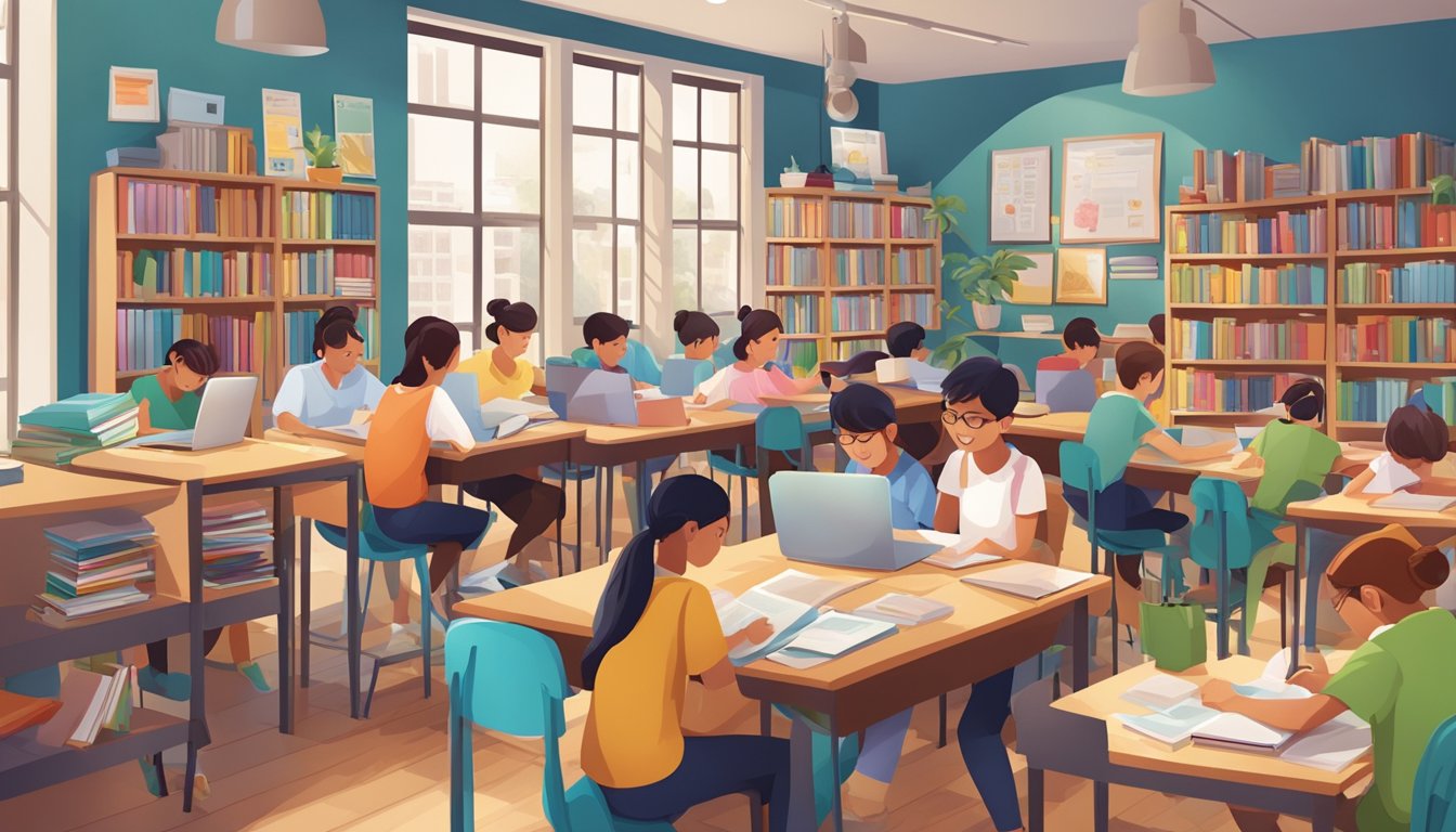 A bustling pearl tuition centre with students studying in small groups, surrounded by colorful educational posters and shelves of books