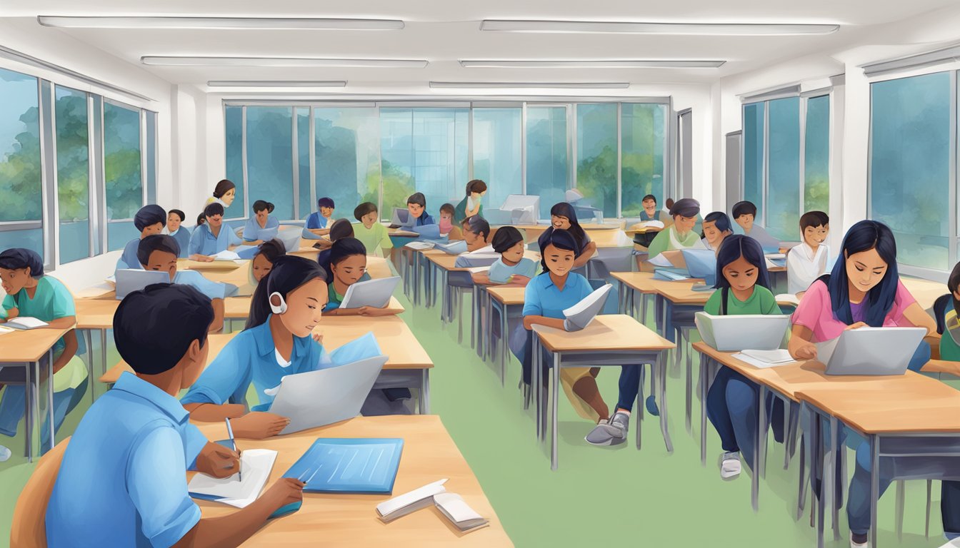 A bustling indigo tuition centre with students engaged in learning and tutors providing instruction