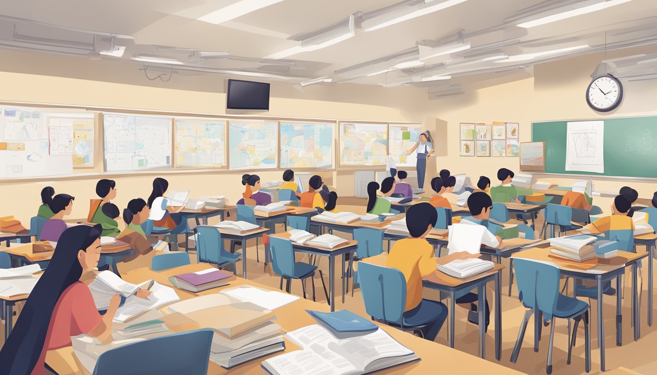 A bustling classroom at Pearl Tuition Centre, filled with students engaged in various programmes and courses. Books, whiteboards, and educational materials are scattered around the room