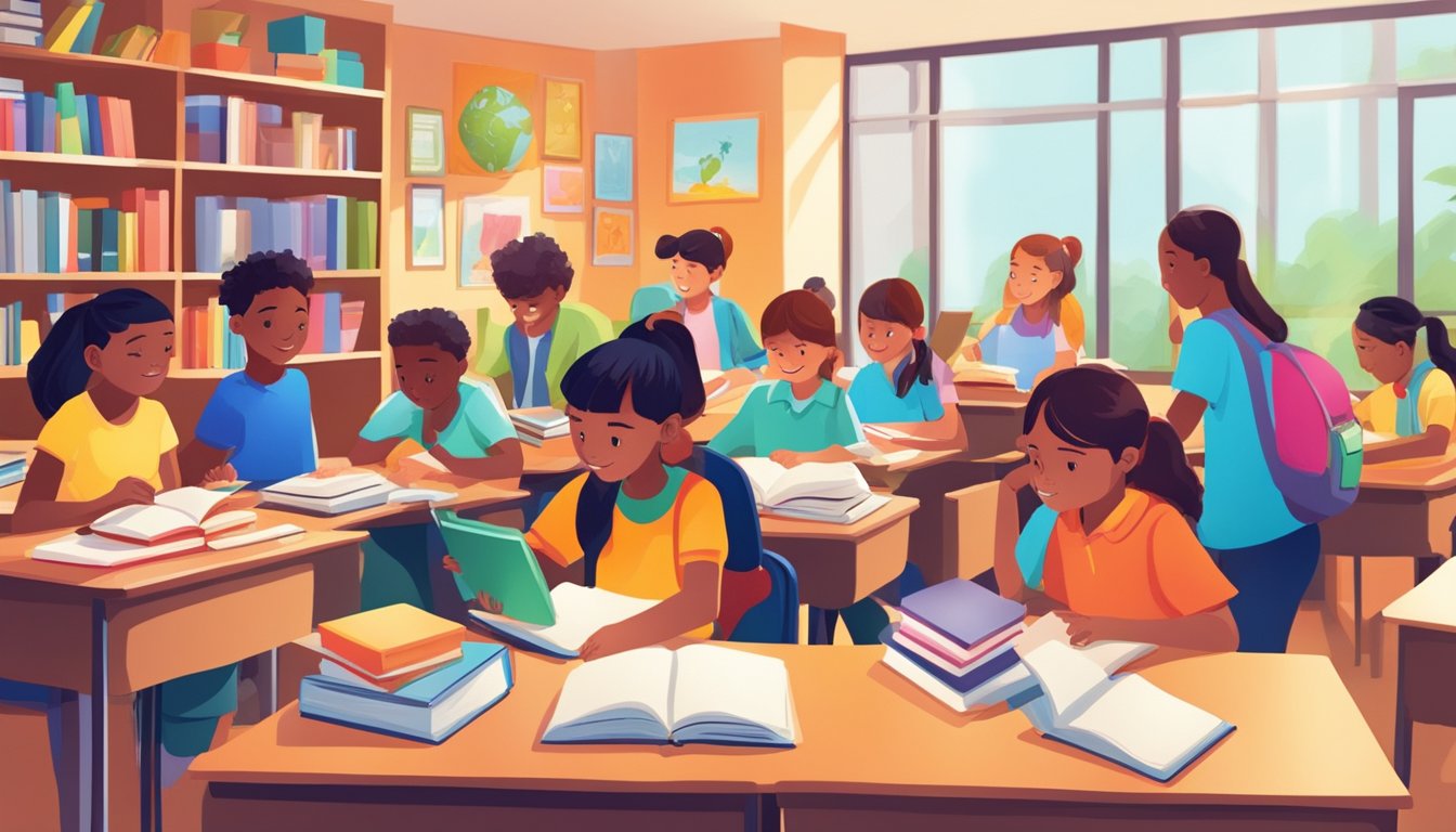 Students eagerly engaging in interactive learning, surrounded by books and educational materials in a vibrant classroom setting