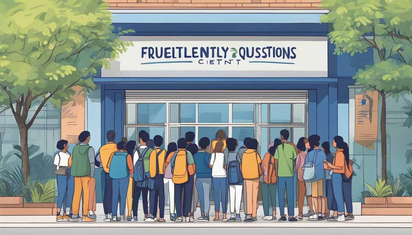 Students eagerly line up outside Indigo Tuition Centre, clutching their notebooks and pens. A sign above the entrance reads "Frequently Asked Questions" in bold letters, drawing in curious onlookers