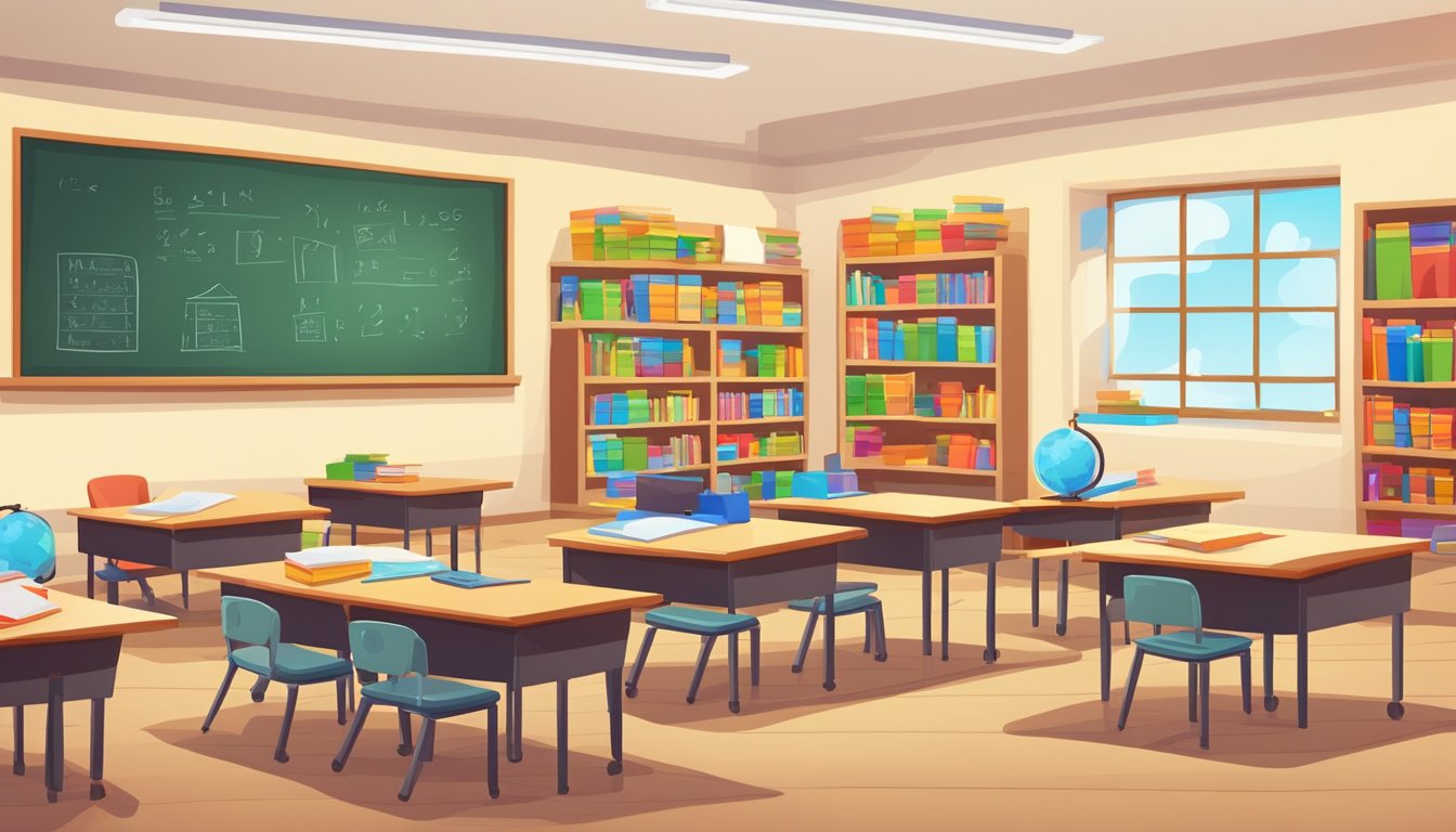 A brightly lit classroom with colorful educational posters and a whiteboard filled with equations. Shelves lined with textbooks and a row of neatly arranged desks