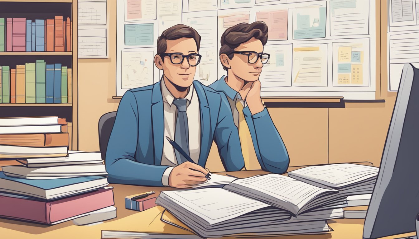 Primary Private Tuition Rates: What You Need to Know A teacher sits at a desk surrounded by books and papers, with a whiteboard in the background displaying "Frequently Asked Questions private tuition rates primary."