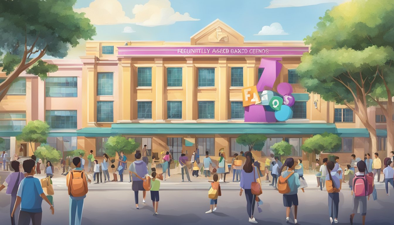 A colorful sign reading "Frequently Asked Questions" hangs above a bustling pearl tuition centre with students and teachers engaged in learning activities