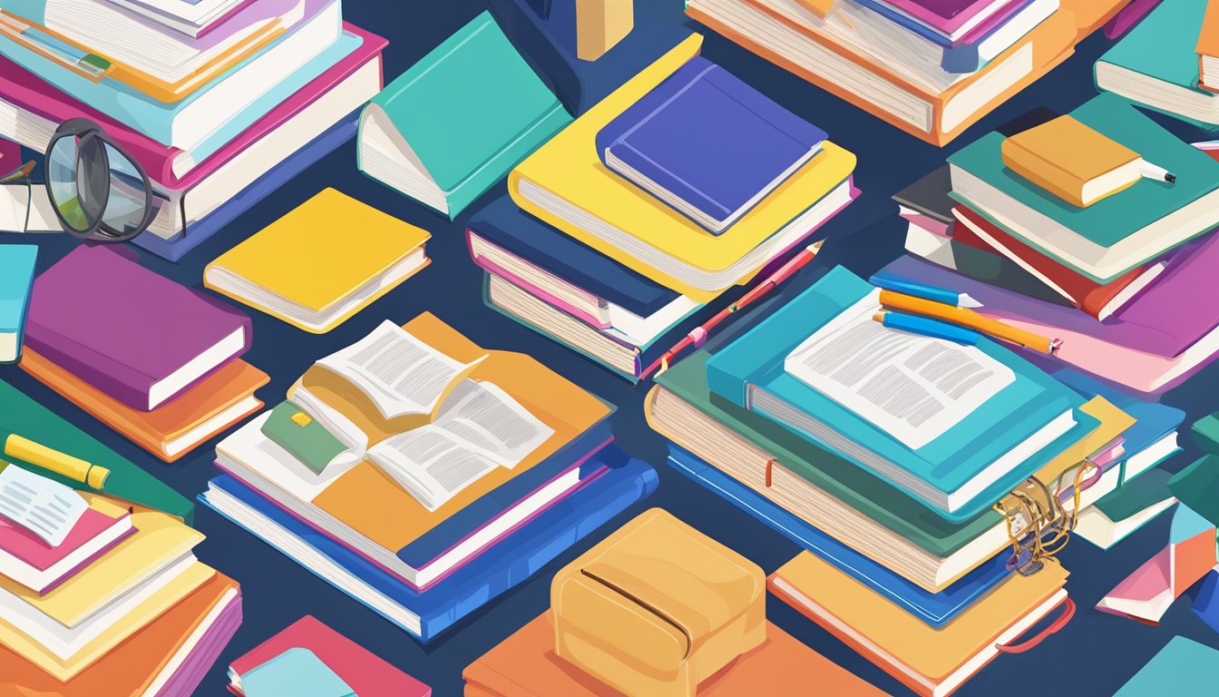 A stack of colorful, engaging tuition assignments in Singapore, surrounded by books and educational materials