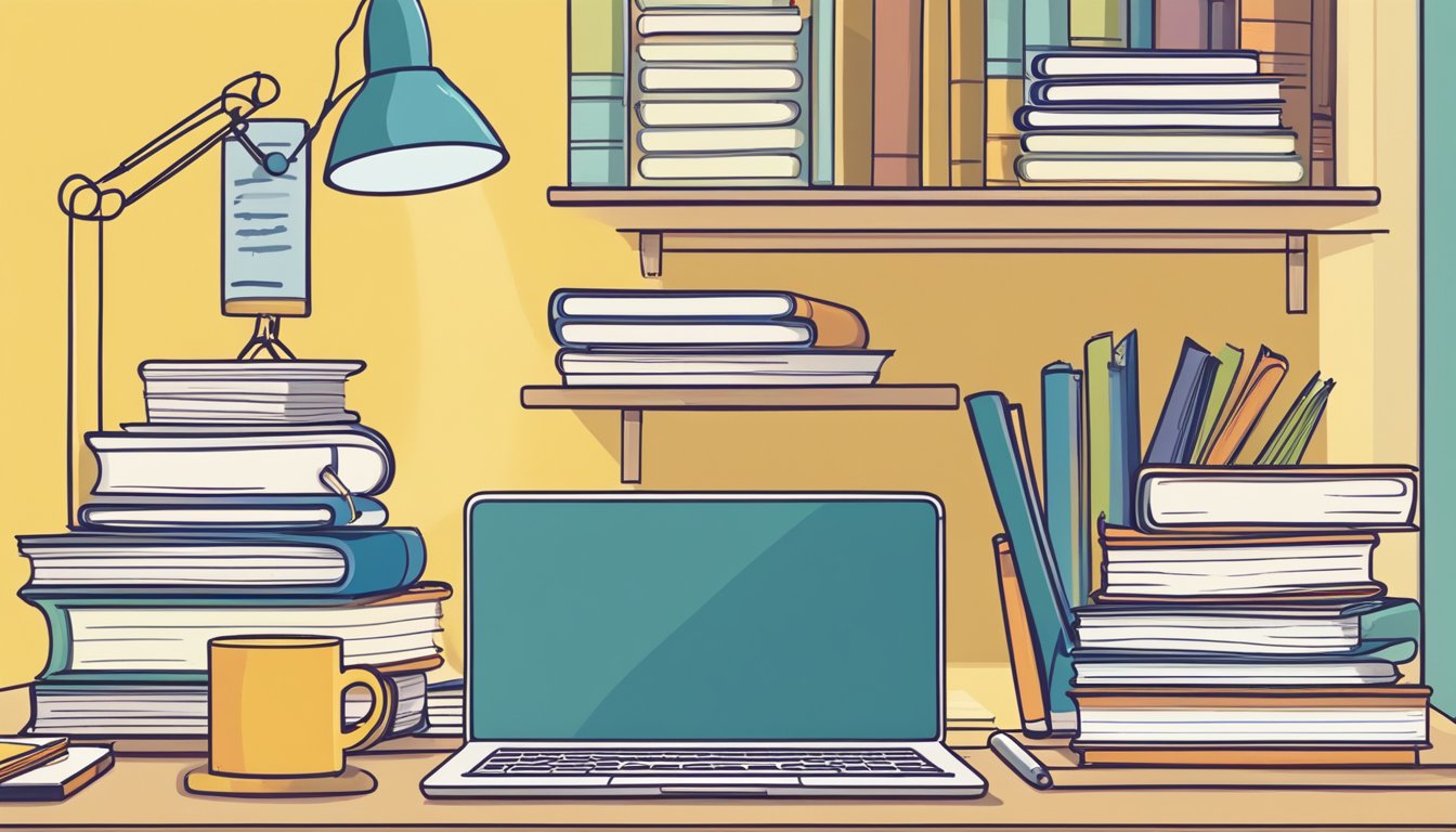 A stack of books and notebooks on a desk, with a laptop open to a tutoring website. A calendar with dates circled hangs on the wall
