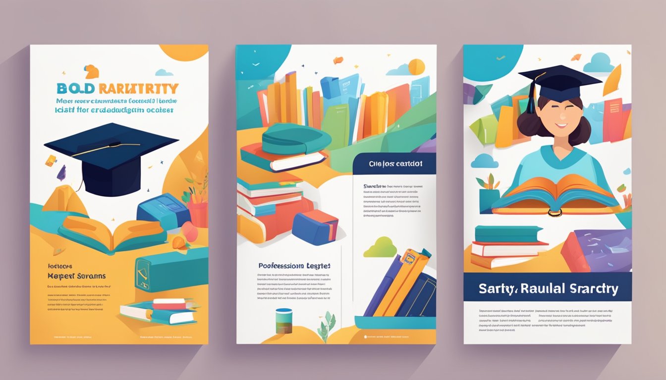 A colorful flyer with bold text and images of books, a graduation cap, and a happy student studying