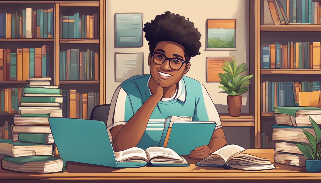 A student sitting at a desk with books and a laptop, surrounded by a bright, welcoming atmosphere. A prominent "Tuition Advertisement" sign is displayed