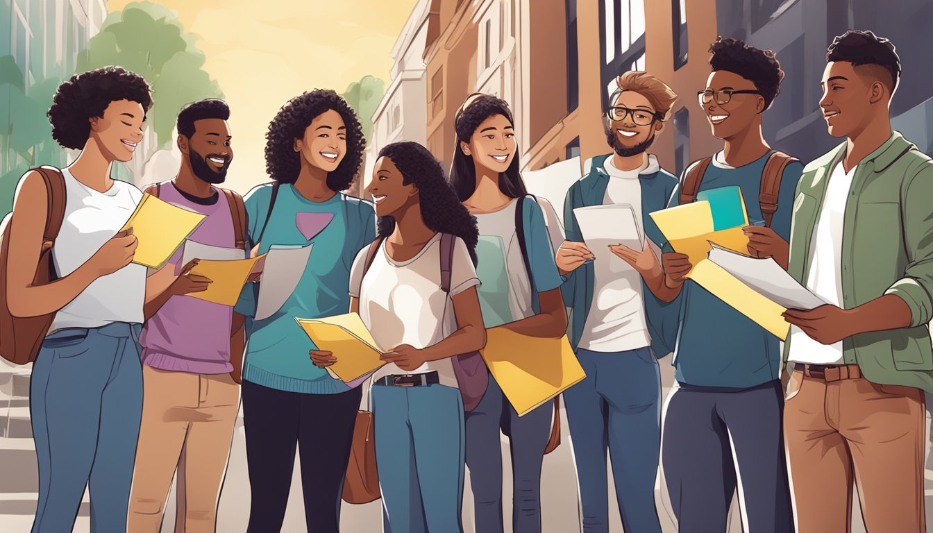 A diverse group of students eagerly sharing and distributing flyers and posters for a tuition advertisement campaign