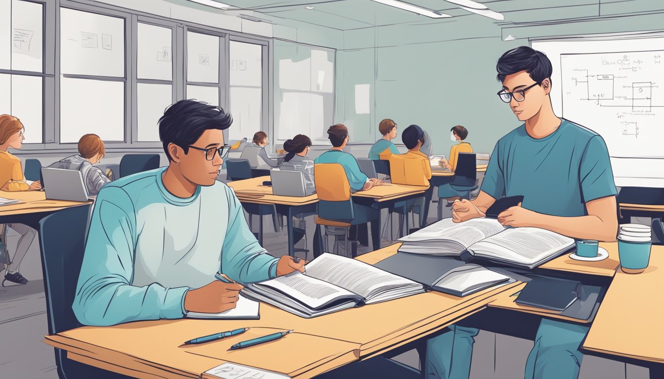 A student sits at a desk with a physics textbook open, while a tutor explains a complex concept on a whiteboard