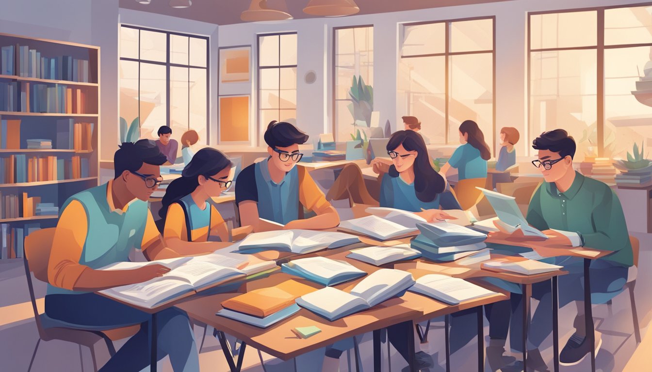 Students engaged in physics discussions, with a tutor answering questions. Books and study materials scattered on a table. Bright, focused atmosphere