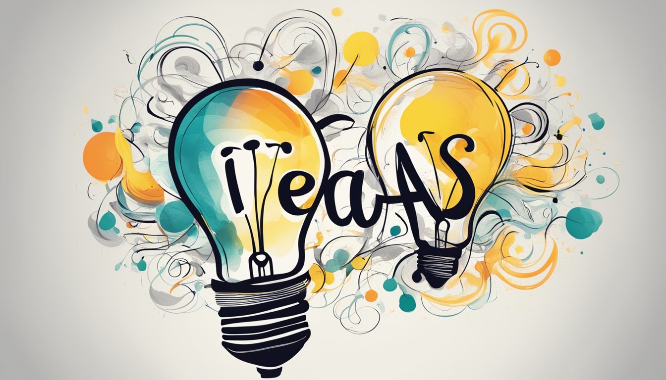 A lightbulb surrounded by swirling ink with the word "ideas" written in bold, and "tuition" in smaller, flowing script
