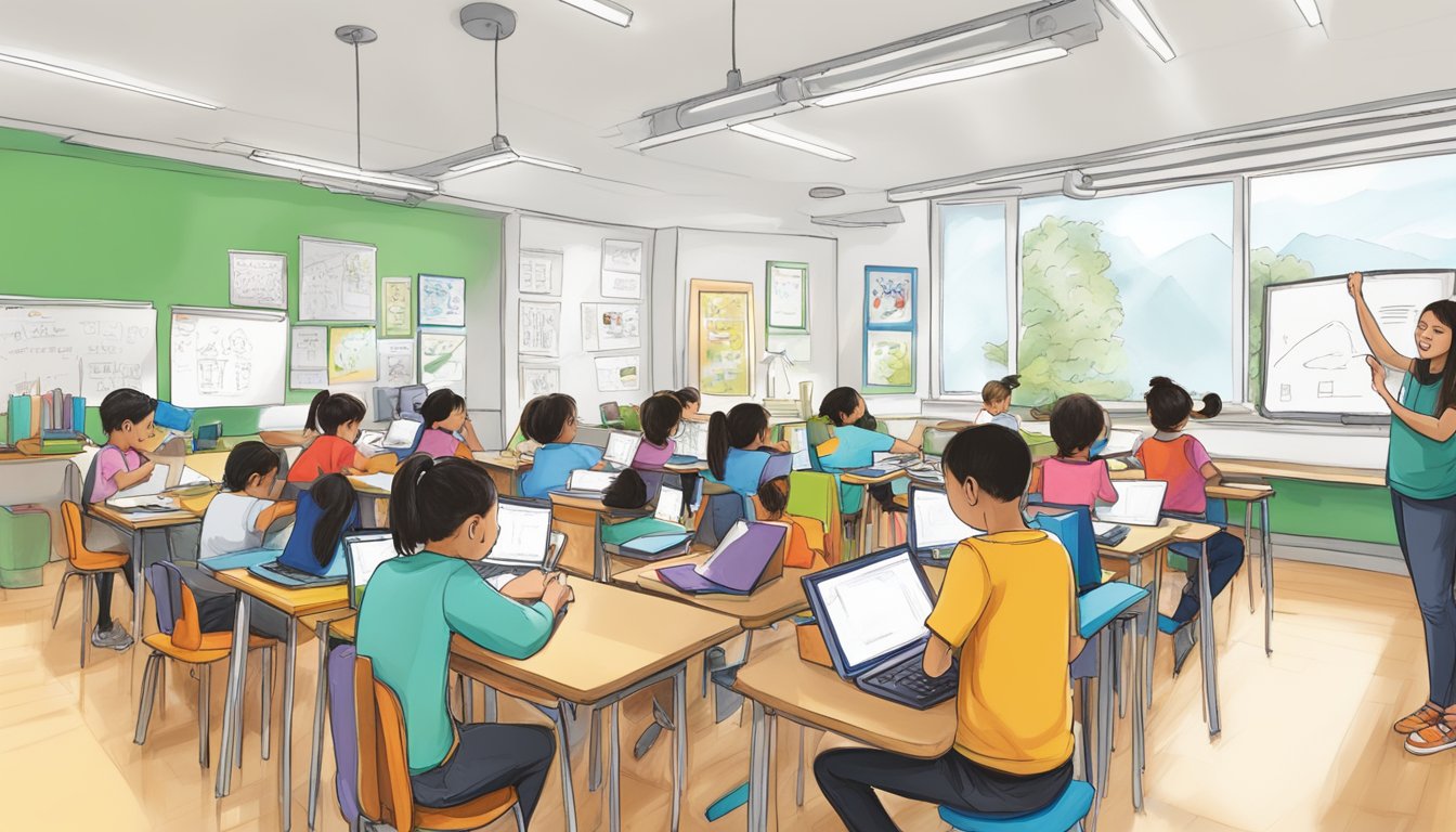 The Ideas Ink Tuition Centre bustles with students and tutors, books and whiteboards, creating a vibrant atmosphere for learning