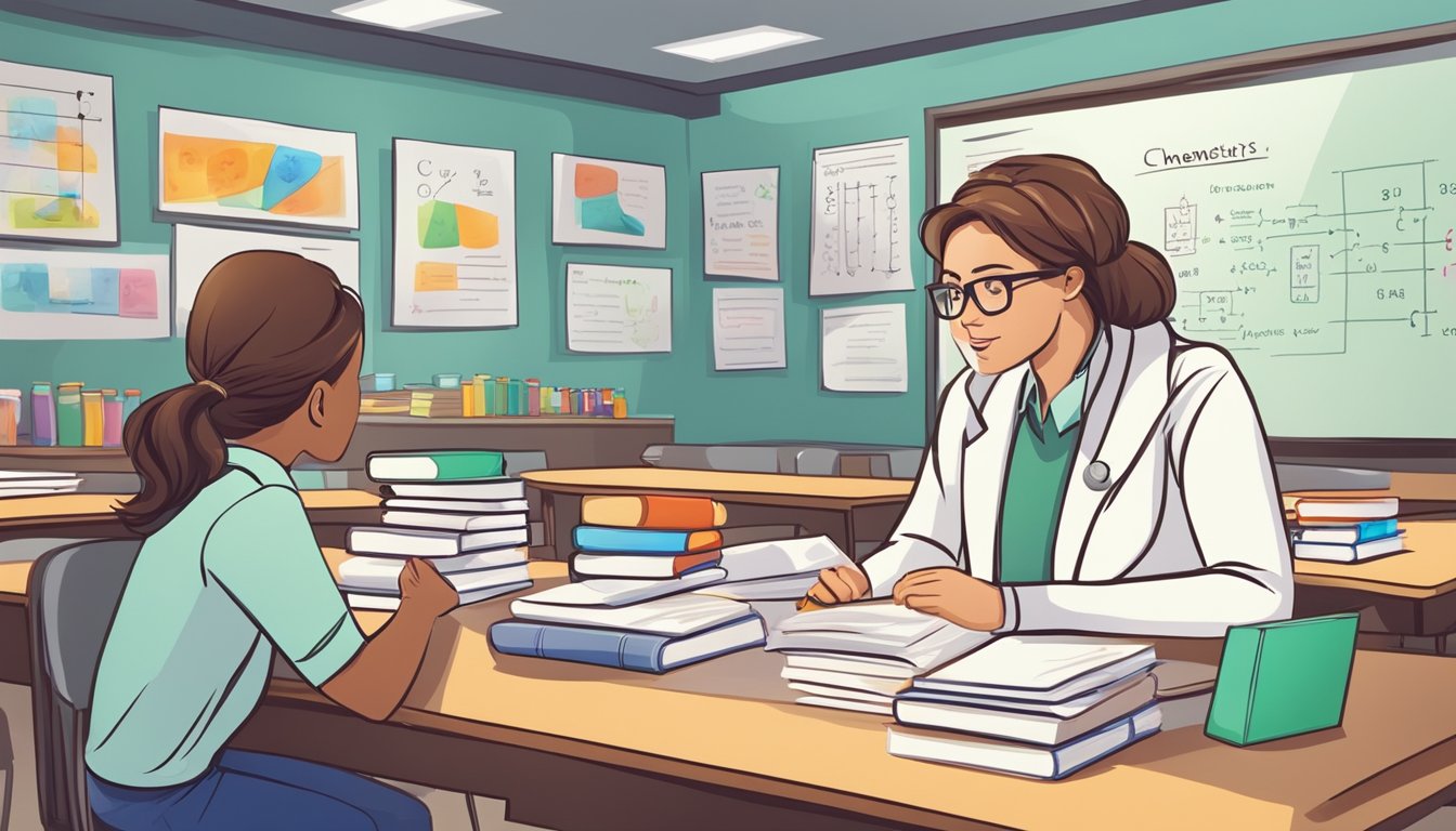 A chemistry tutor answers common questions in a classroom setting. Books and a whiteboard are visible in the background