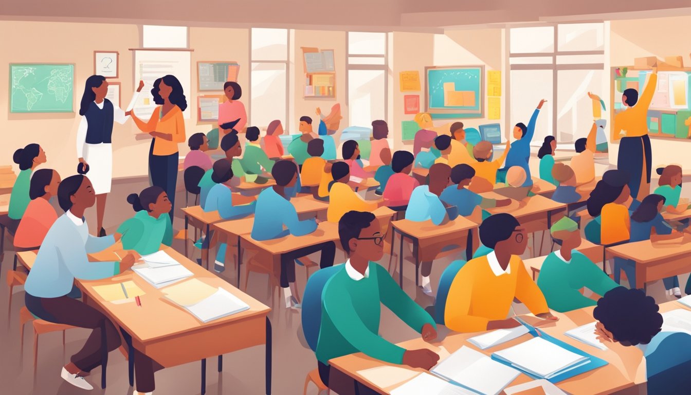 A classroom filled with colorful educational materials and interactive tools, surrounded by engaged students and a passionate teacher