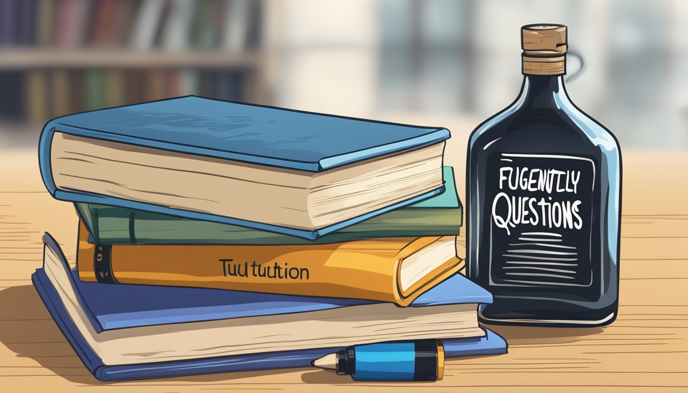 A stack of books labeled "Frequently Asked Questions" sits next to a bottle of ink and a tuition sign