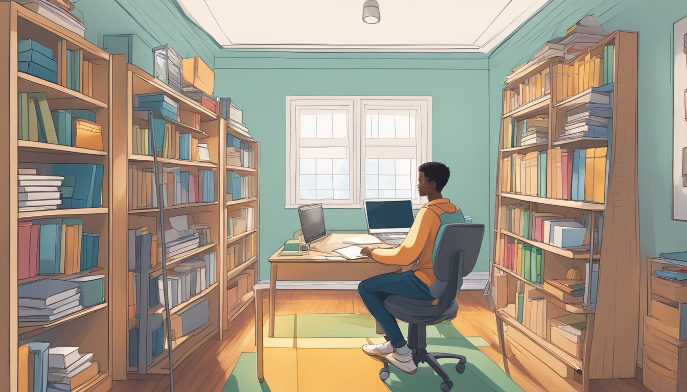 A bright, inviting room with a desk, bookshelves, and a whiteboard. A tutor sits across from a student, engaged in learning