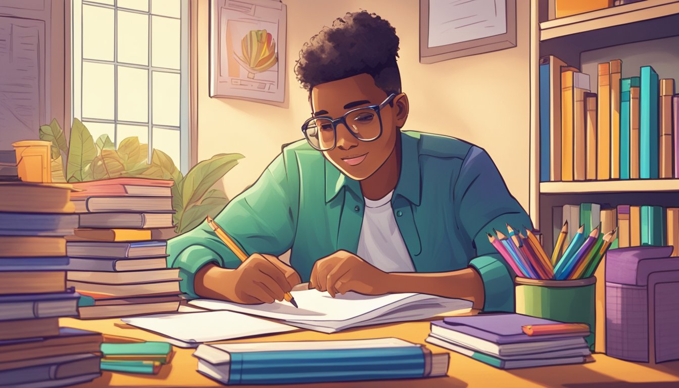 A student sits at a desk, surrounded by books and school supplies. A bright light shines on a sign that reads "Crafting Your Tutor Advertisement" with a pencil and paper nearby