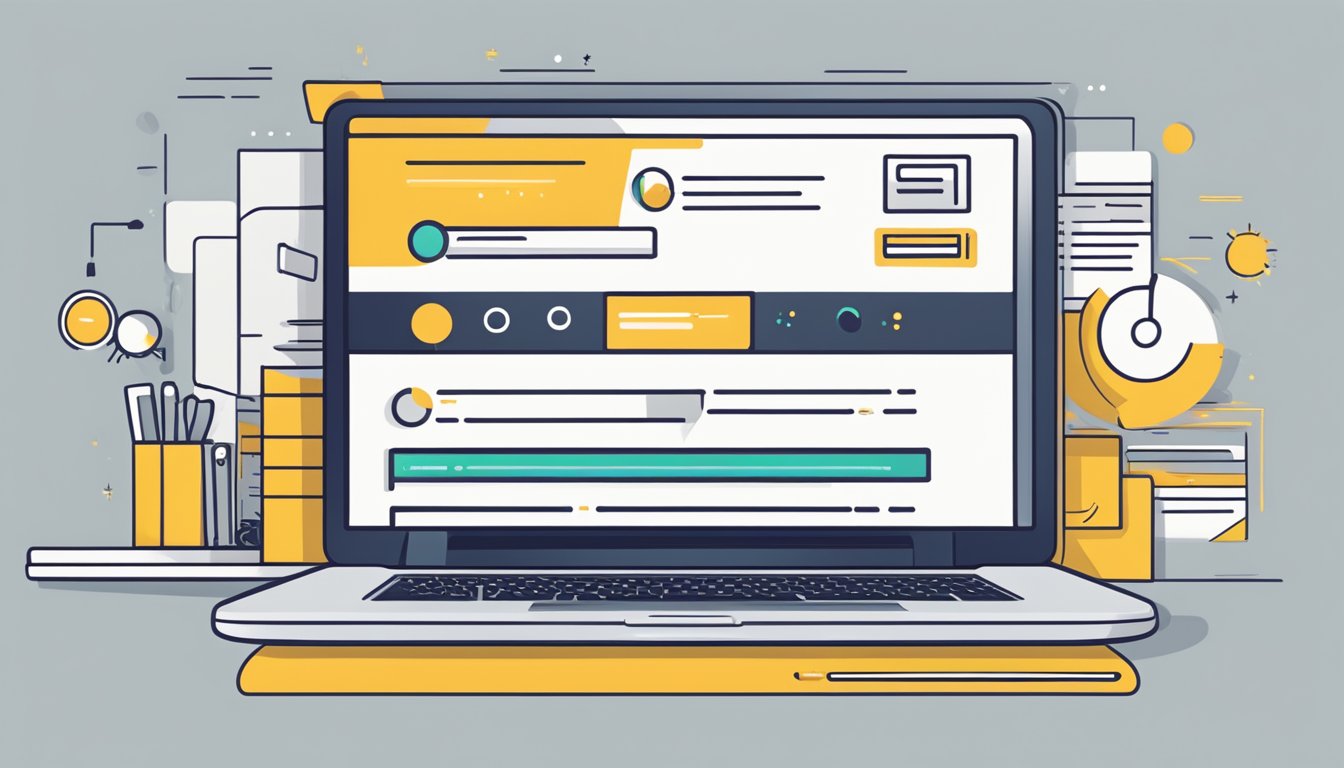 A laptop displaying a sleek, modern website with the words "Maximising Online Presence" in bold lettering. A stylized logo and a call-to-action button are prominently featured