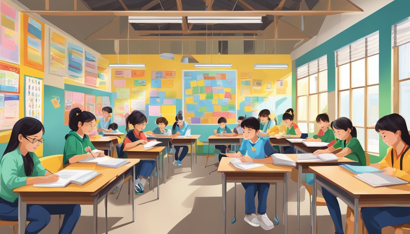 The CCK Tuition Centre bustles with students studying, teachers instructing, and colorful educational materials adorning the walls
