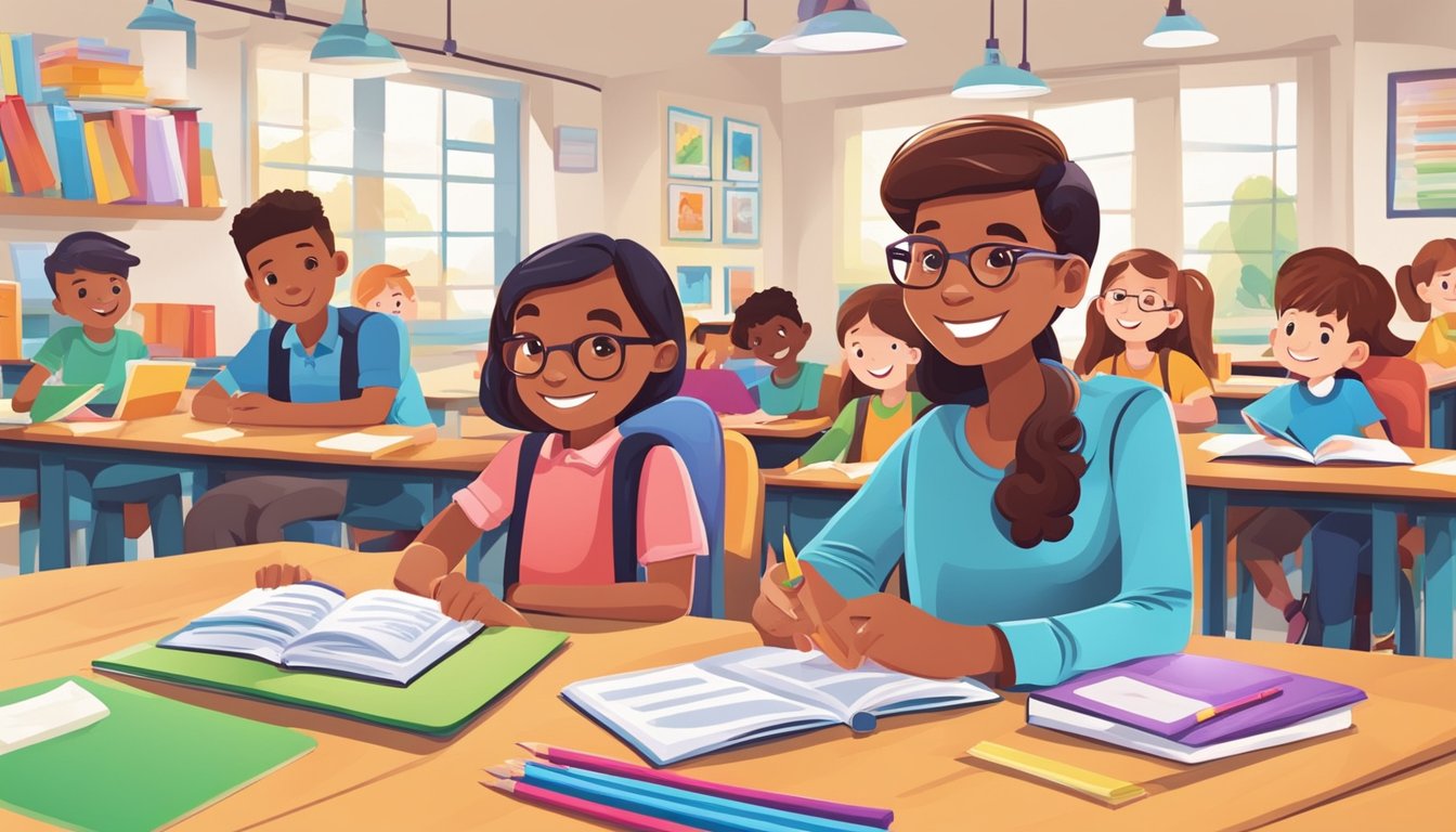 A colorful flyer with bold text and images promoting tutoring services. A happy student with improved grades and a satisfied parent. A busy tutor engaging with students in a vibrant classroom