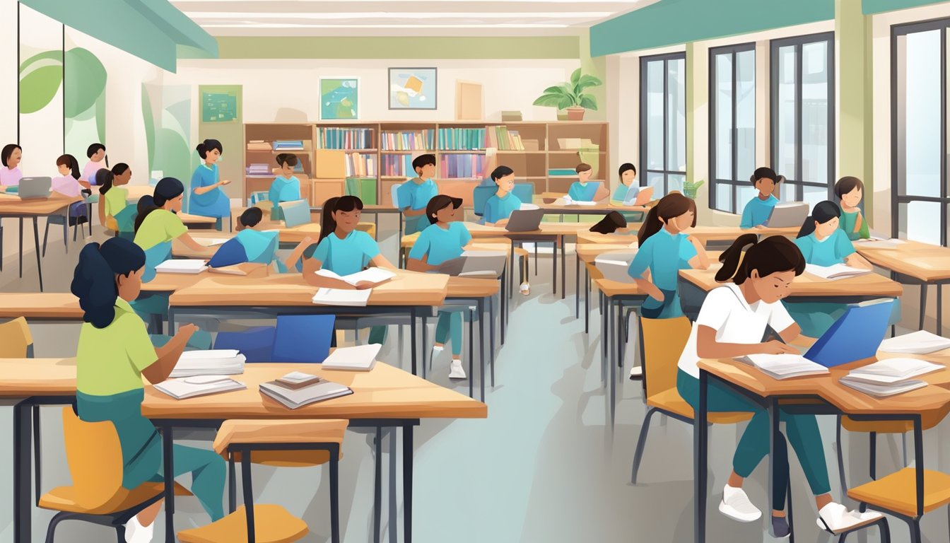 A bustling tuition center with various classrooms, study materials, and students engaged in learning activities