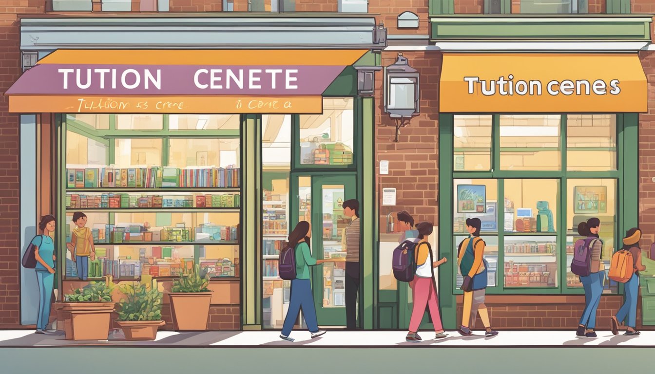 A bright, welcoming storefront with a sign reading "Tuition Centre" and students engaged in learning inside. Shelves stocked with educational materials and a friendly staff member greeting visitors