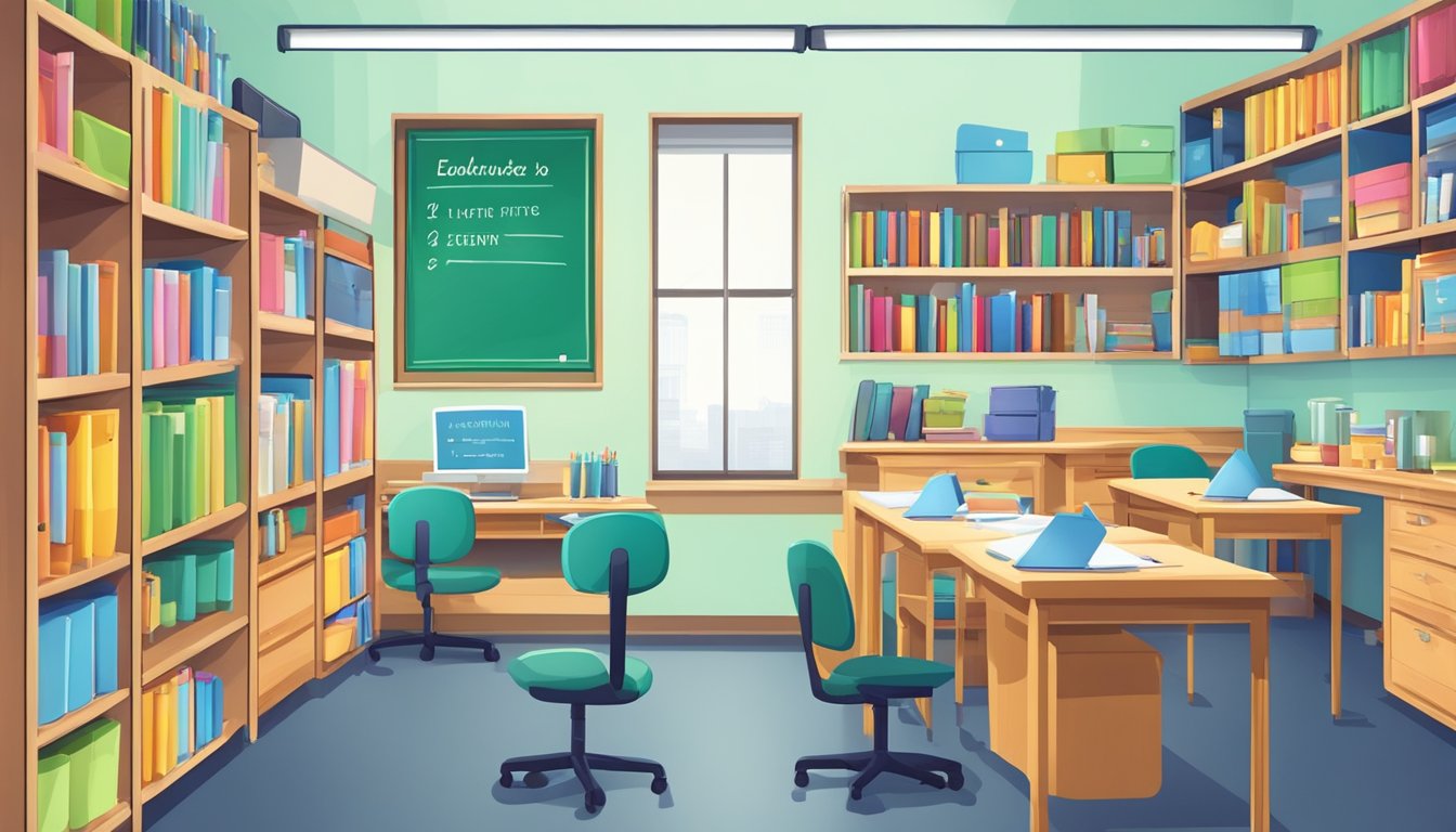 A bright, organized room with desks, chairs, and whiteboards. A welcoming sign on the door and shelves stocked with educational materials