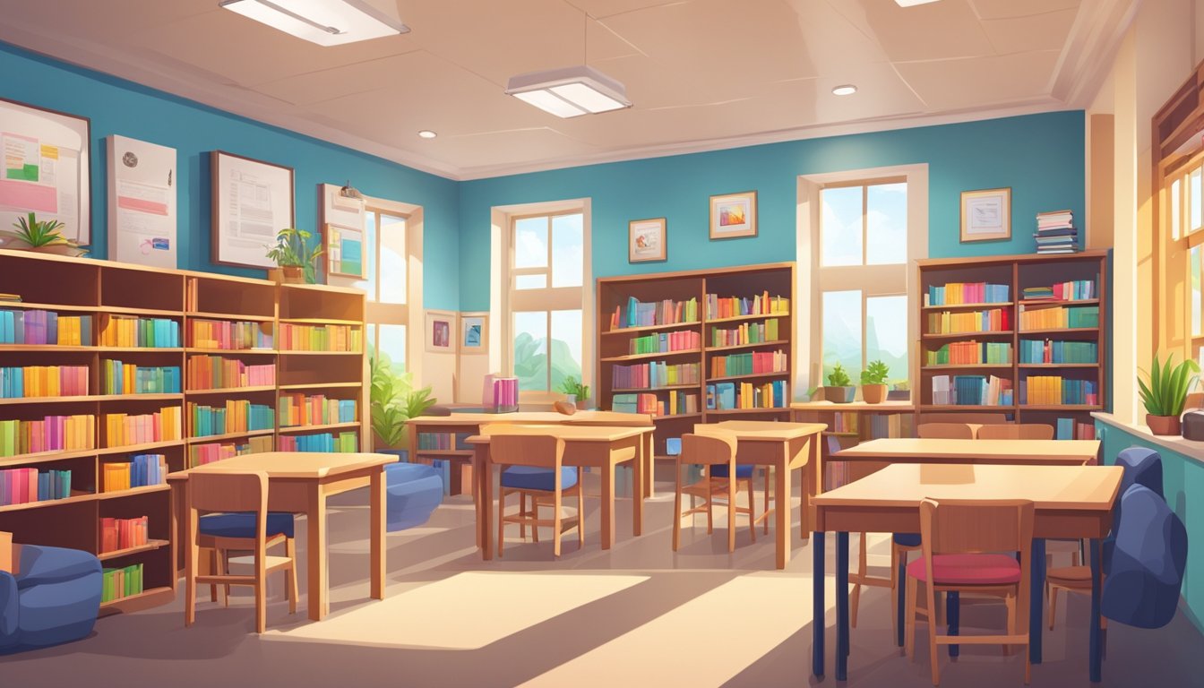 A bright and welcoming tuition centre with colorful posters, bookshelves, and a cozy study area. Tables and chairs are neatly arranged, and there are educational materials and resources readily available for students