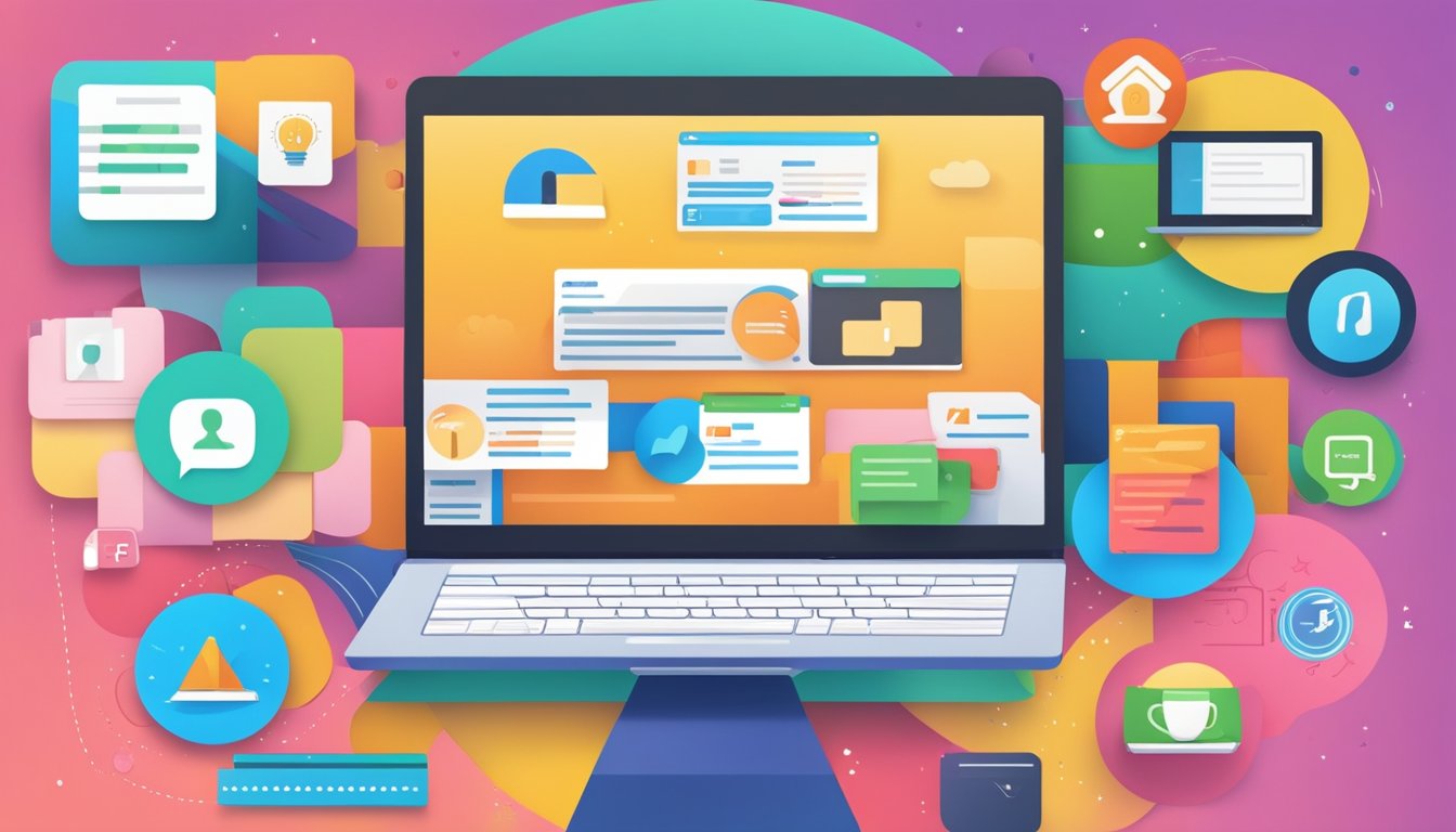 A laptop with a vibrant website showcasing tutoring services, surrounded by social media icons and positive customer reviews