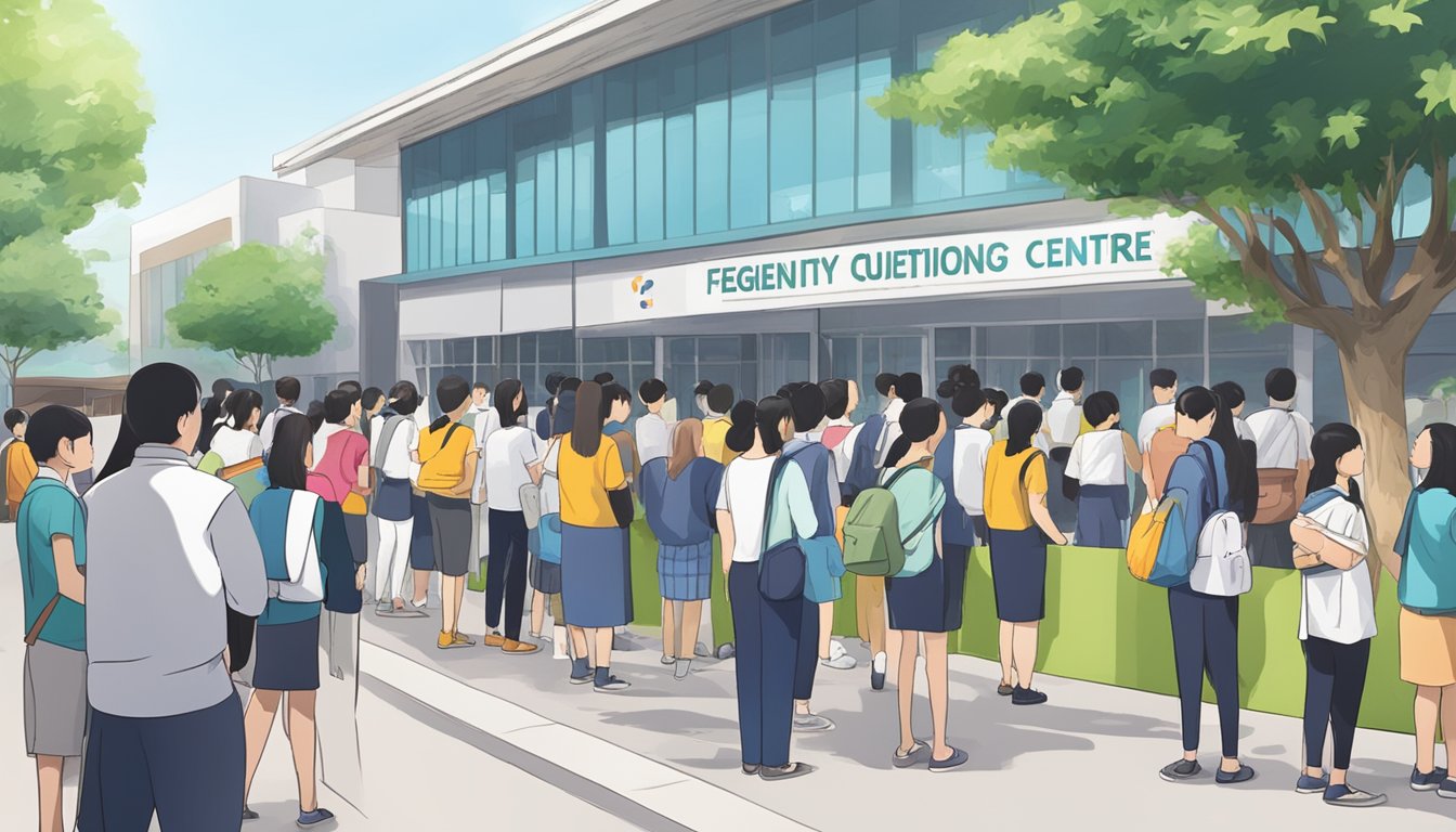 Students and parents lined up outside the CCK Tuition Centre, eagerly waiting to ask their questions to the staff. The signboard with "Frequently Asked Questions" displayed prominently