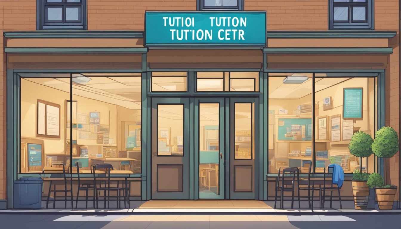 A bright, welcoming storefront with a sign reading "Tuition Centre" and an open door. Inside, neatly arranged desks and chairs await eager students