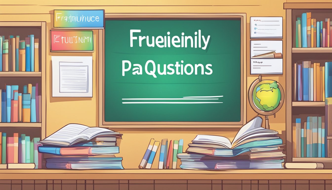 A brightly lit sign with the words "Frequently Asked Questions: How to Open a Tuition Centre" displayed prominently. A stack of educational books and materials in the background