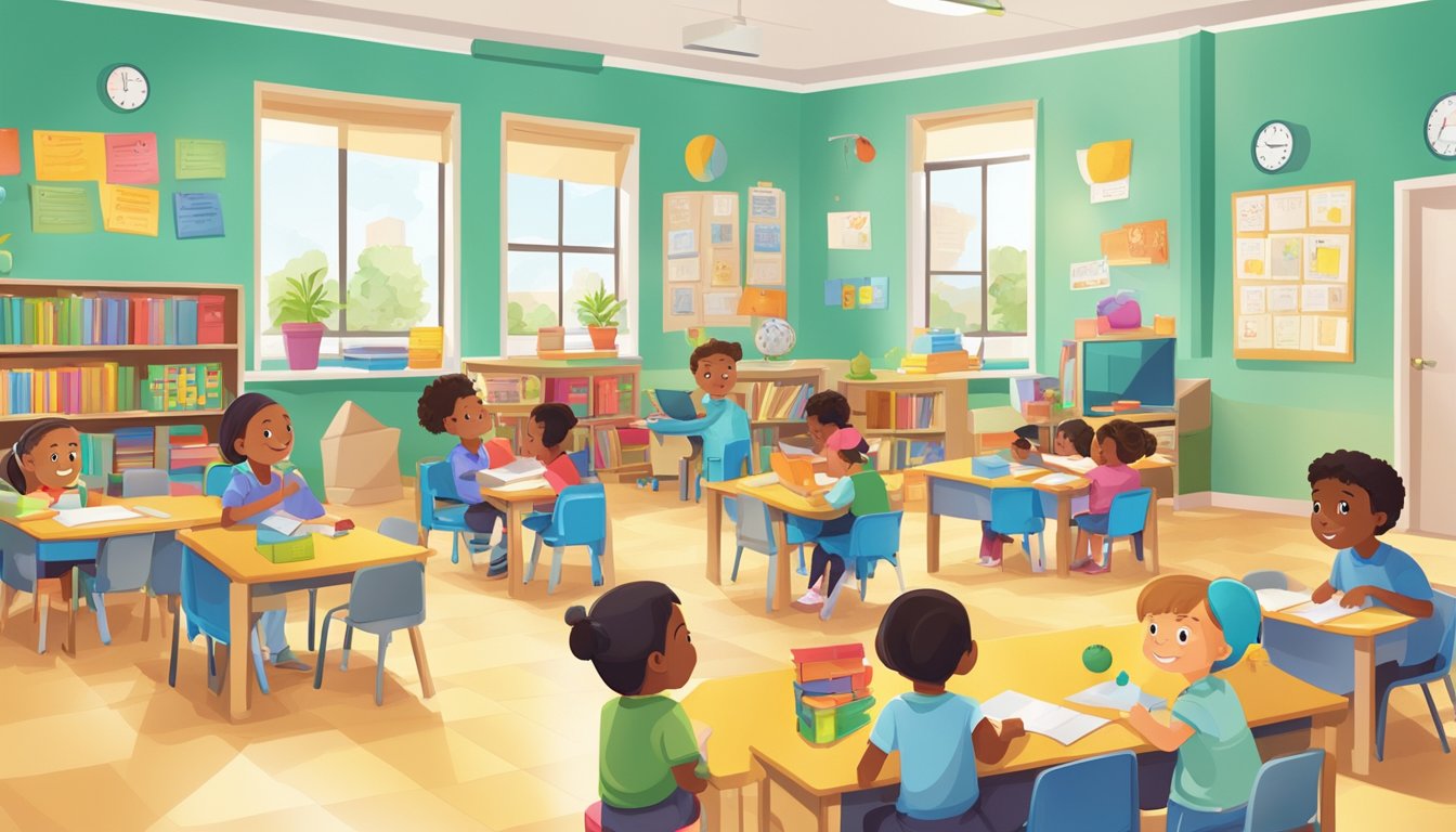 A bustling Boston Kidz Tuition Centre with colorful classrooms and children engaged in learning activities