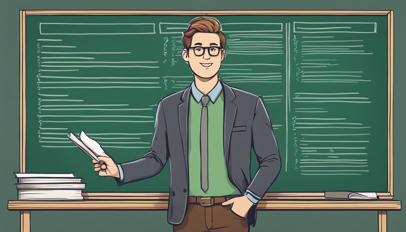 A tutor standing in front of a chalkboard, pointing to a list of "Frequently Asked Questions" about marketing a tuition business