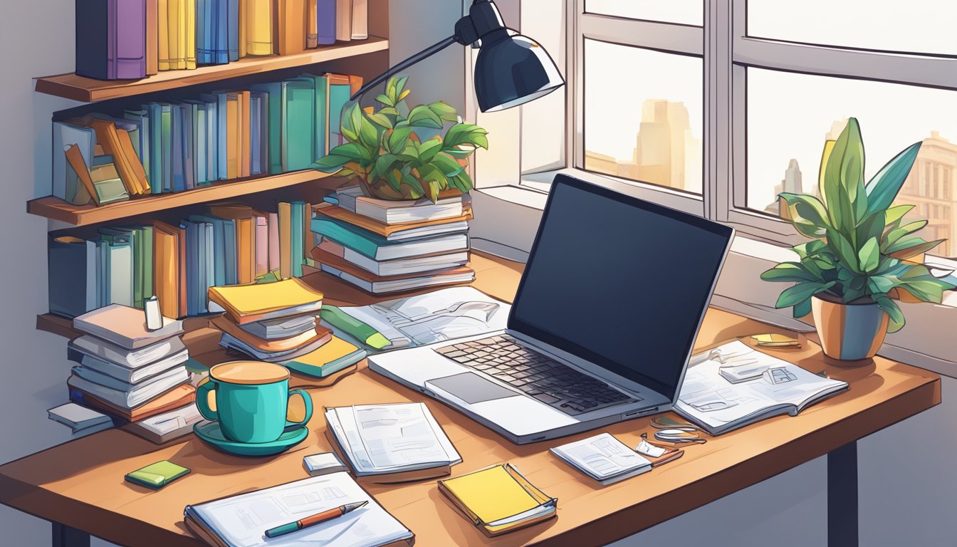 A cluttered desk with scattered papers, a laptop, and a desk lamp. A whiteboard with colorful markers and sticky notes. A bookshelf filled with textbooks and notebooks. A cozy chair and a small potted plant on the windowsill