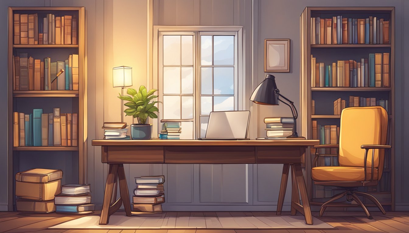 A cozy study room with books, a desk, and a laptop. A table lamp illuminates the space. A pencil and notebook sit on the desk